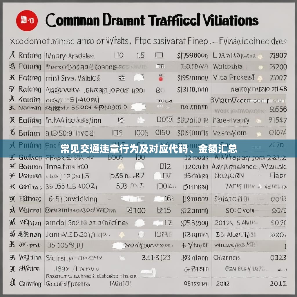 常見交通違章行為及對應代碼、金額匯總
