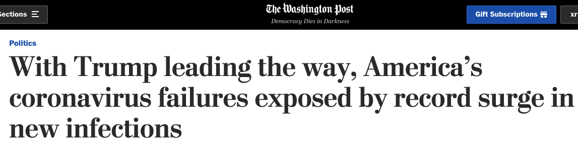 美國(guó)疫情反彈確診創(chuàng)新高，華盛頓郵報(bào)評(píng)抗疫是‘歷史性失敗’